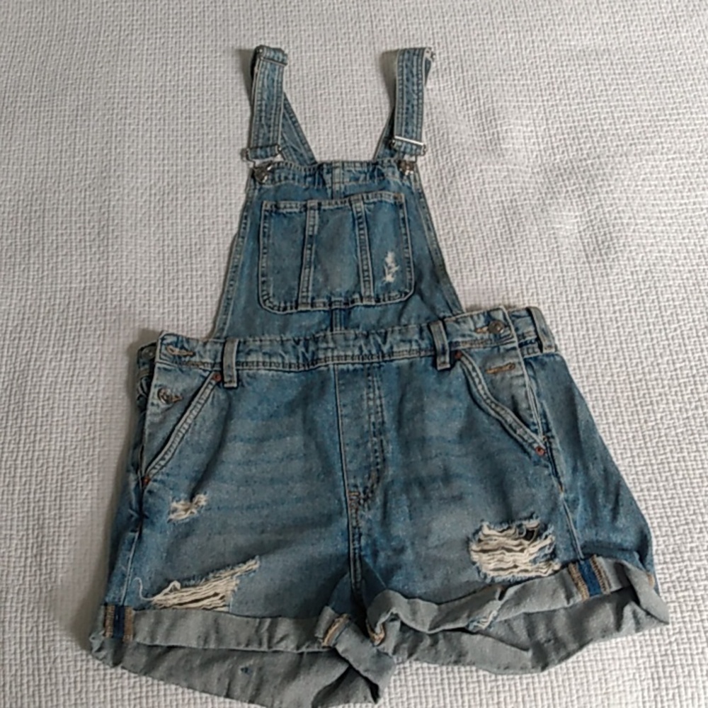 Distressed blue jean overall shorts US 6
